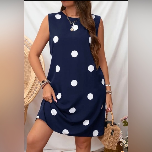 Dresses & Skirts - Women’s Navy Blue & Large White Polka Dot Sleeveless Dress. Various Sizes